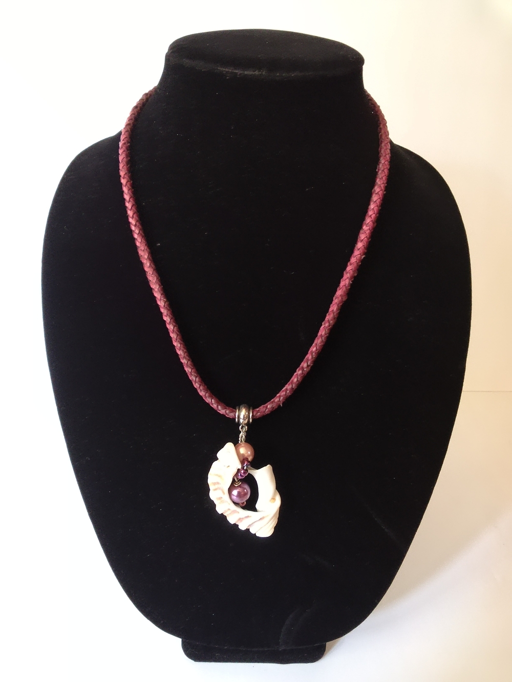 Braided Purple Leather Cord Necklace with Shell and Bead Pendant